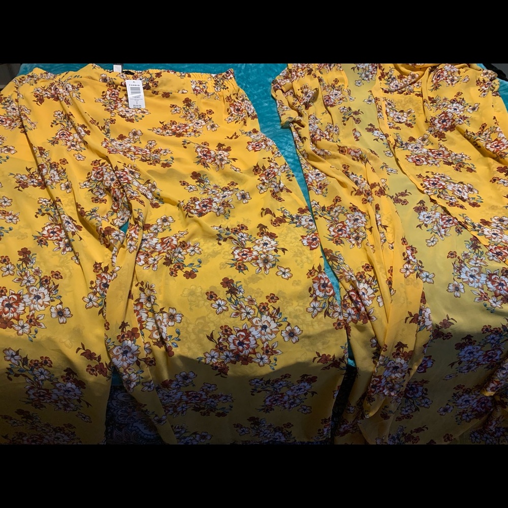 Plus Size - Yellow floral chiffon kimono & pants